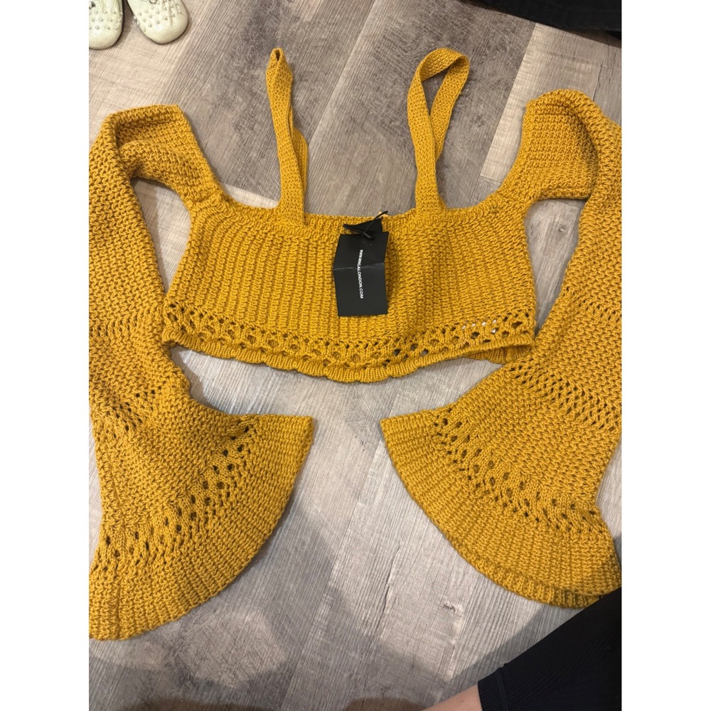 NWT Minga London Mustard Crochet Bell Sleeve‎ Crop Top - Size S